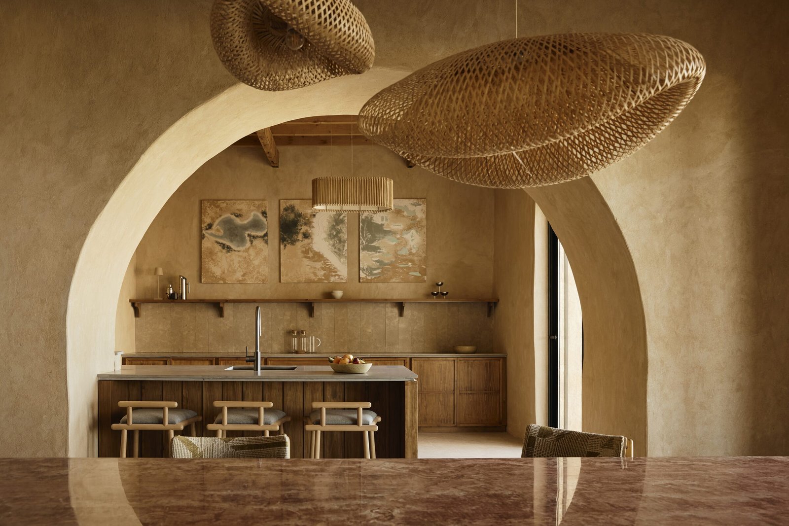 The kitchen at Bayt Gagy under a vault of woven palm pendants