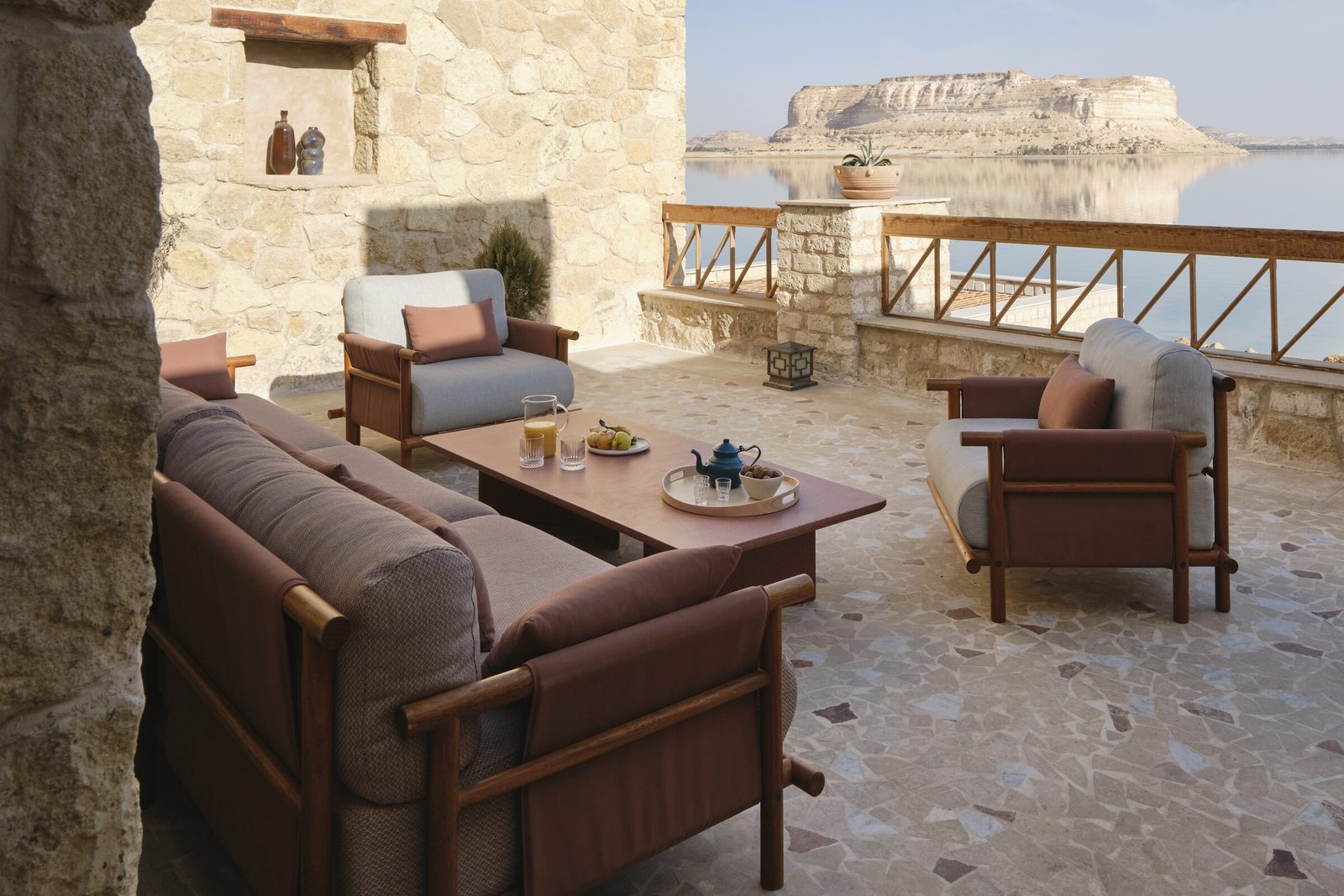 Stone bath with lake view
